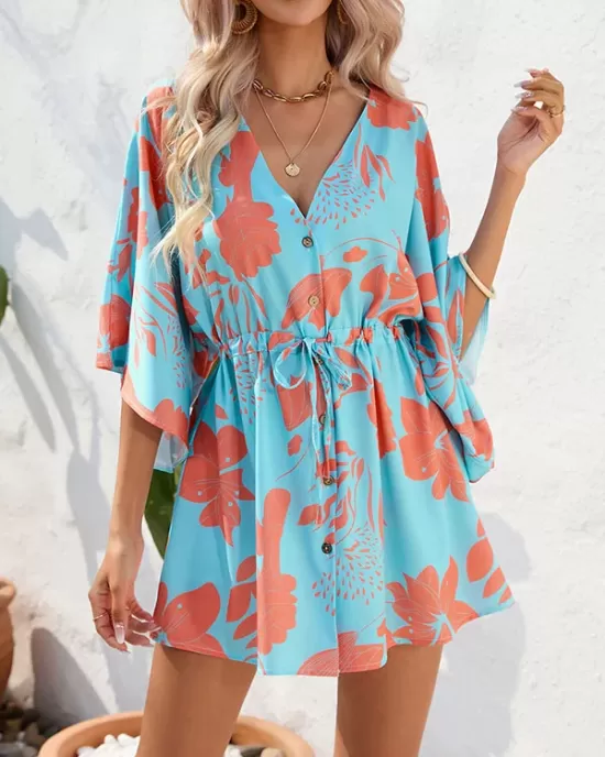 Buttoned Drawstring Flower Print A-Line Half Sleeves V-Neck Mini Dresses