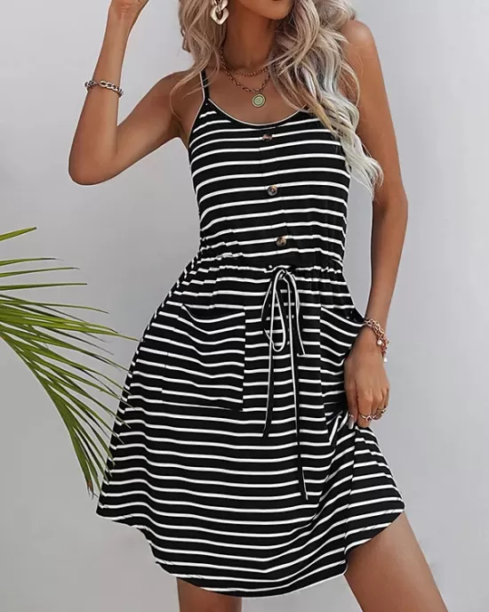 Buttoned Contrast Color Drawstring Pockets Striped A-Line Loose Spaghetti-Neck Mini Dresses