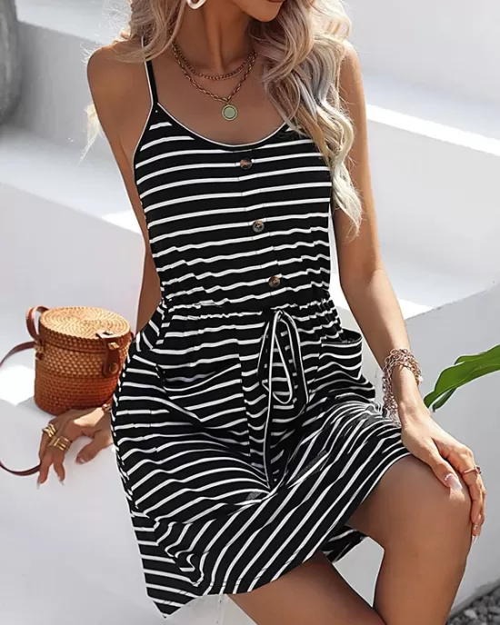 Buttoned Contrast Color Drawstring Pockets Striped A-Line Loose Spaghetti-Neck Mini Dresses