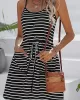 Buttoned Contrast Color Drawstring Pockets Striped A-Line Loose Spaghetti-Neck Mini Dresses