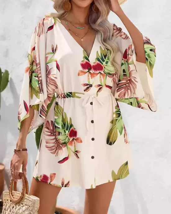 Buttoned Drawstring Leaves Print A-Line Half Sleeves V-Neck Mini Dresses