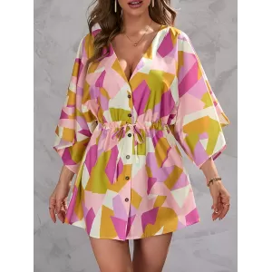 Buttoned Drawstring Printed A-Line Half Sleeves V-Neck Mini Dresses