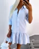 Buttoned Pleated Solid Color Split-Joint Long Sleeves Loose Lapel Shirt Dress Mini Dresses