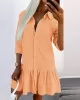 Buttoned Pleated Solid Color Split-Joint Long Sleeves Loose Lapel Shirt Dress Mini Dresses