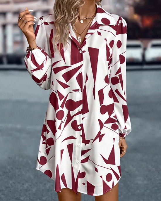 Printed Split-Joint Loose Puff Sleeves Lapel Shirt Dress Mini Dresses