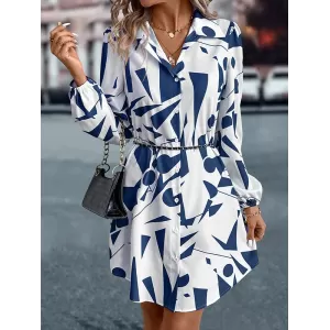 Printed Split-Joint Loose Puff Sleeves Lapel Shirt Dress Mini Dresses