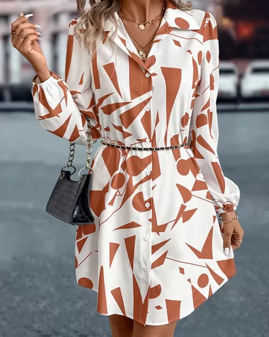 Printed Split-Joint Loose Puff Sleeves Lapel Shirt Dress Mini Dresses