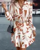 Printed Split-Joint Loose Puff Sleeves Lapel Shirt Dress Mini Dresses