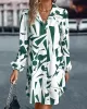 Printed Split-Joint Loose Puff Sleeves Lapel Shirt Dress Mini Dresses