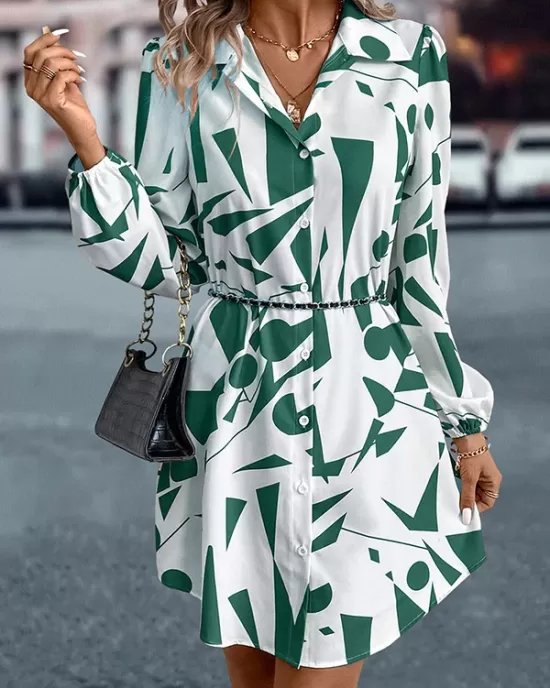 Printed Split-Joint Loose Puff Sleeves Lapel Shirt Dress Mini Dresses