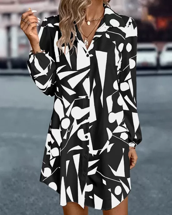 Printed Split-Joint Loose Puff Sleeves Lapel Shirt Dress Mini Dresses