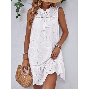 Hollow Lace-Up Solid Color Split-Joint Loose Sleeveless Round-Neck Mini Dresses