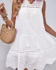 Hollow Lace-Up Solid Color Split-Joint Loose Sleeveless Round-Neck Mini Dresses