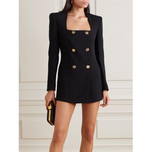 Buttoned Pockets Shoulder Pad A-Line High Waisted Square-Neck Mini Dresses Blazer