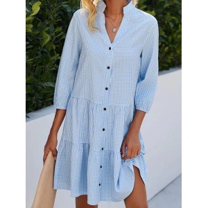 Buttoned Plaid Split-Joint A-Line Loose Stand Collar Shirt Dress Mini Dresses