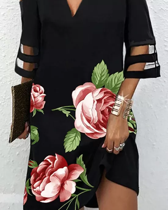 Flower Print Hollow Mesh Split-Joint Half Sleeves Loose Cold Shoulder Mini Dresses