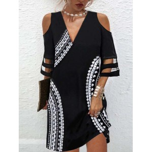 Hollow Mesh Printed Split-Joint Half Sleeves Loose Cold Shoulder Mini Dresses