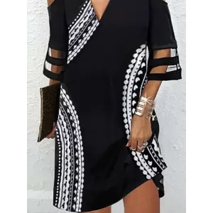 Hollow Mesh Printed Split-Joint Half Sleeves Loose Cold Shoulder Mini Dresses