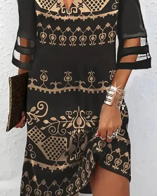 Hollow Mesh Printed Split-Joint Half Sleeves Loose Cold Shoulder Mini Dresses