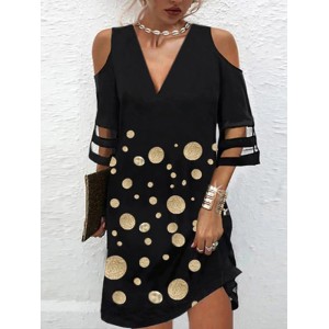 Hollow Mesh Polka-Dot Split-Joint Half Sleeves Loose Cold Shoulder Mini Dresses