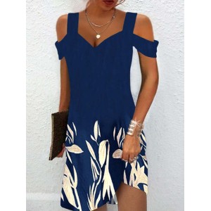 Hollow Leaves Print A-Line High Waisted Cold Shoulder Mini Dresses