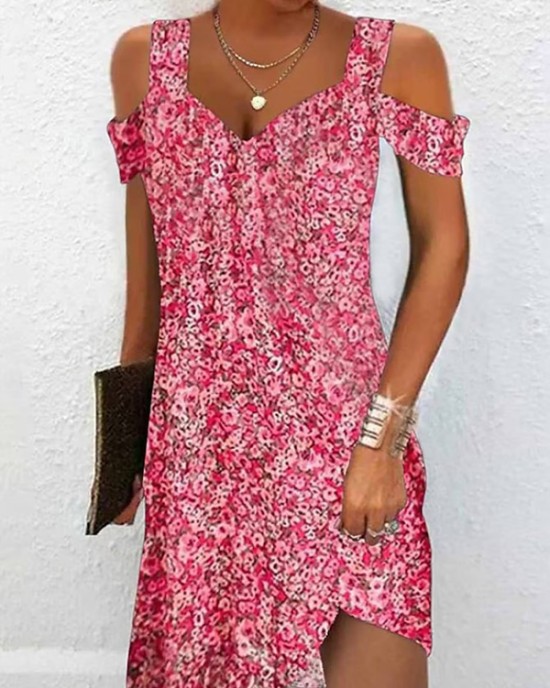 Flower Print Hollow A-Line High Waisted Cold Shoulder Mini Dresses