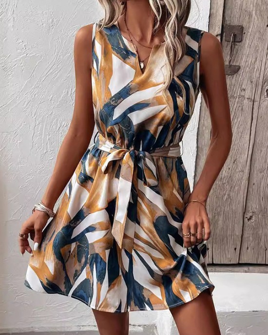 Printed Tied Waist A-Line Loose V-Neck Mini Dresses