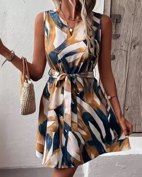 Printed Tied Waist A-Line Loose V-Neck Mini Dresses