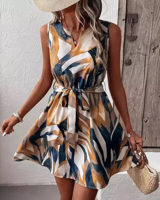 Printed Tied Waist A-Line Loose V-Neck Mini Dresses