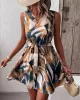 Printed Tied Waist A-Line Loose V-Neck Mini Dresses