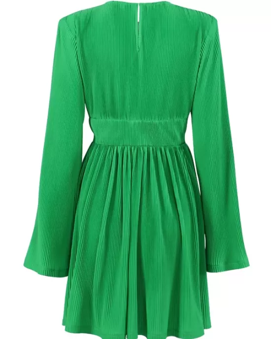 High-Waisted Pleated Solid Color Zipper A-line Flared Sleeves Round-neck Mini Dresses