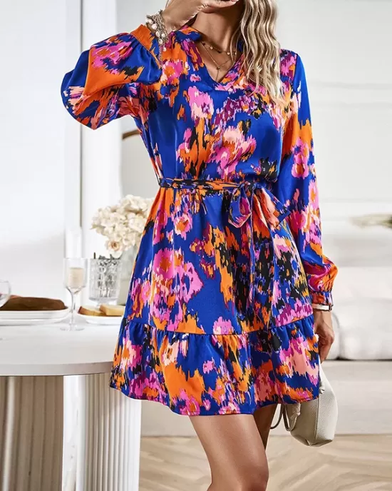 Printed Split-Joint Tied Waist Long Sleeves Loose V-Neck Mini Dresses