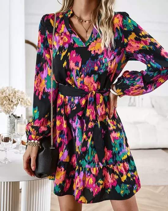 Printed Split-Joint Tied Waist Long Sleeves Loose V-Neck Mini Dresses