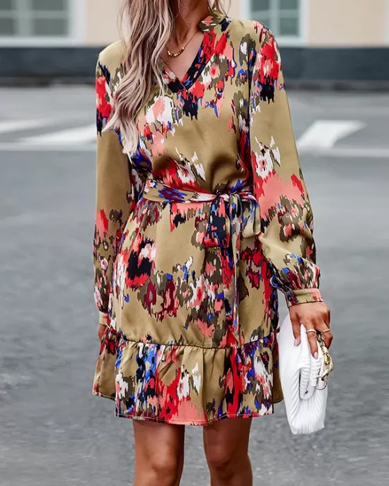 Printed Split-Joint Tied Waist Long Sleeves Loose V-Neck Mini Dresses