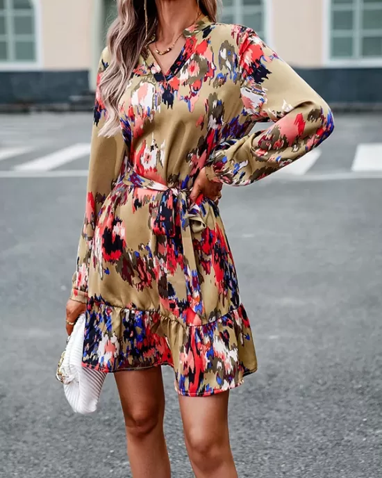 Printed Split-Joint Tied Waist Long Sleeves Loose V-Neck Mini Dresses