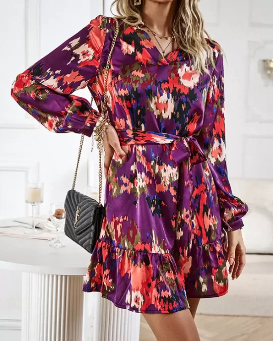 Printed Split-Joint Tied Waist Long Sleeves Loose V-Neck Mini Dresses