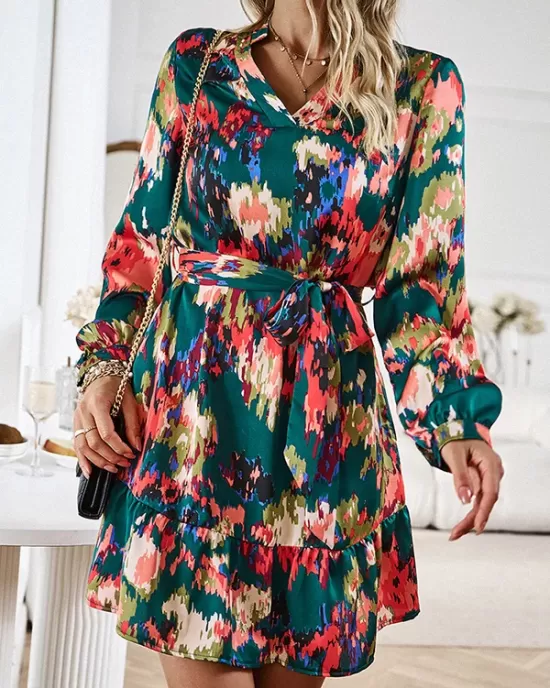 Printed Split-Joint Tied Waist Long Sleeves Loose V-Neck Mini Dresses