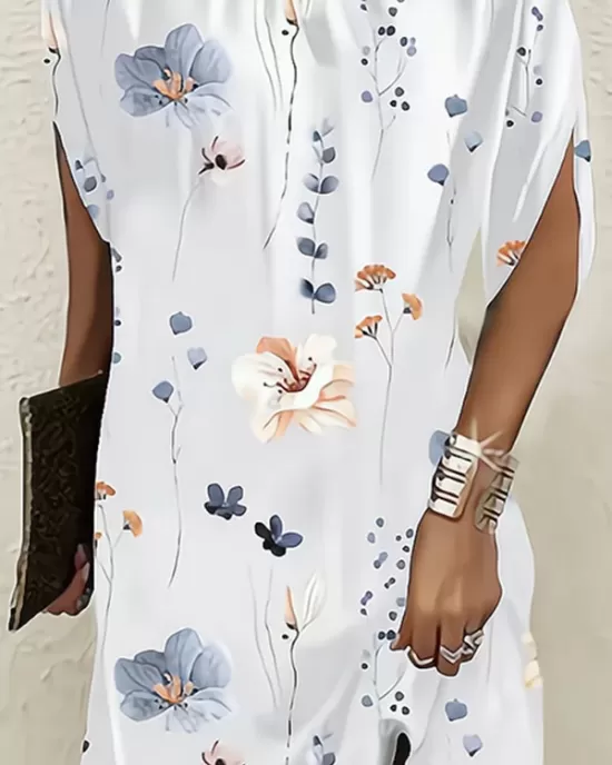 Flower Print Batwing Sleeves Loose Round-Neck Mini Dresses