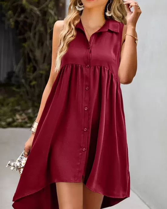 Buttoned Pleated Pockets Solid Color A-Line High Waisted Lapel Mini Dresses