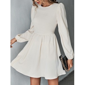 Backless Elasticity Hollow Pleated Solid Color Tied A-Line Bishop Sleeve Round-Neck Mini Dresses