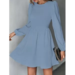 Backless Elasticity Hollow Pleated Solid Color Tied A-Line Bishop Sleeve Round-Neck Mini Dresses