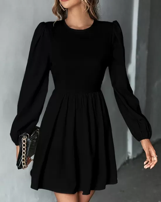 Backless Elasticity Hollow Pleated Solid Color Tied A-Line Bishop Sleeve Round-Neck Mini Dresses