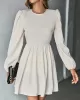 Backless Elasticity Hollow Pleated Solid Color Tied A-Line Bishop Sleeve Round-Neck Mini Dresses