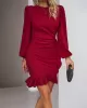 Pleated Solid Color Split-Joint Loose Puff Sleeves Round-Neck Mini Dresses