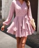 Ruffled Solid Color Tied Waist A-Line High Waisted V-Neck Mini Dresses