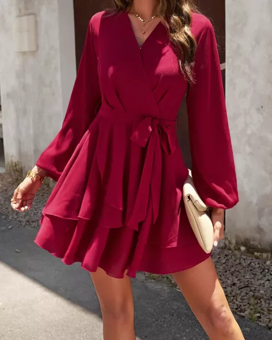 Ruffled Solid Color Tied Waist A-Line High Waisted V-Neck Mini Dresses