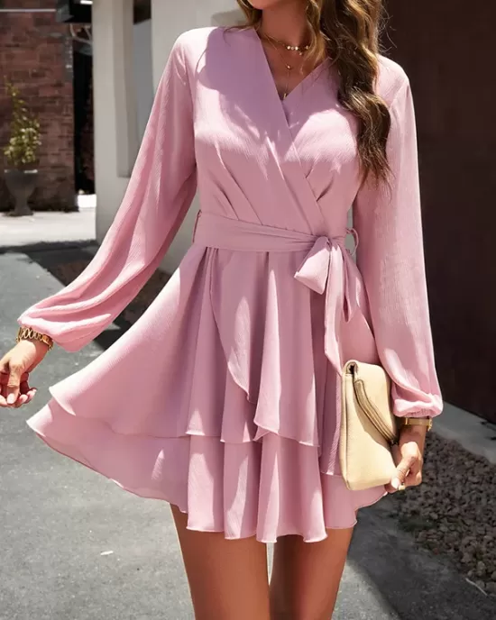 Ruffled Solid Color Tied Waist A-Line High Waisted V-Neck Mini Dresses