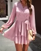 Ruffled Solid Color Tied Waist A-Line High Waisted V-Neck Mini Dresses