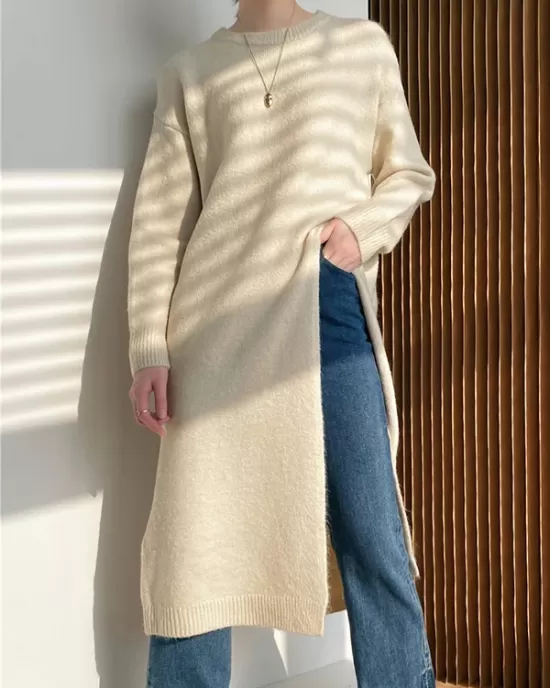 Loose Split-Side Solid Color Round-Neck Knitting Sweater Dresses