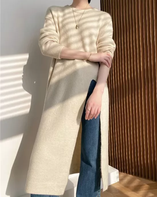 Loose Split-Side Solid Color Round-Neck Knitting Sweater Dresses